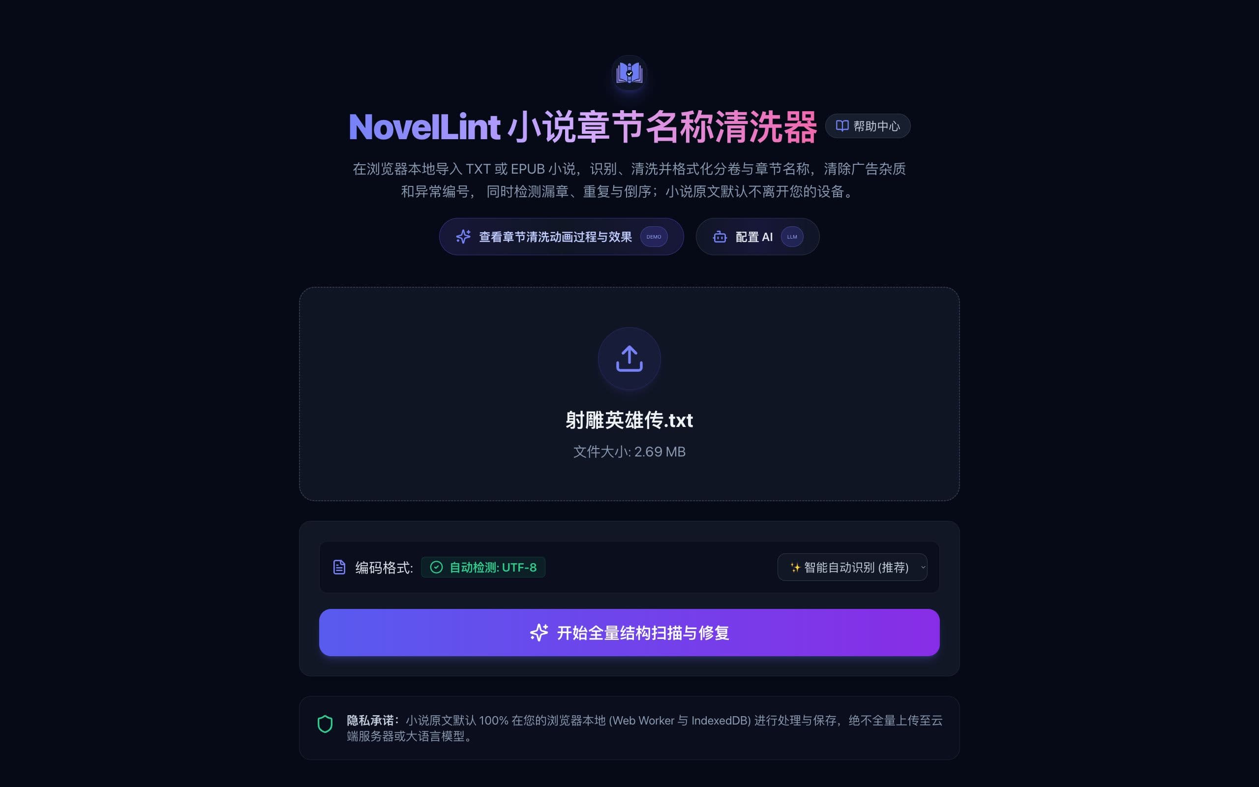 NovelLint 选择 TXT 文件后显示编码识别和开始扫描按钮